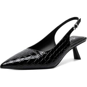 Black Croc Pointed Toe Leather Low Heel Slingback Heels with Buckle Dress Shoe